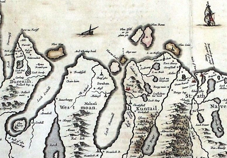 Detail from Blaeu's map of Strathnaver, published in 1654. West Moan is marked between Loch Erebill(sic) and Loch Kuntaill (the Kyle of Tongue).