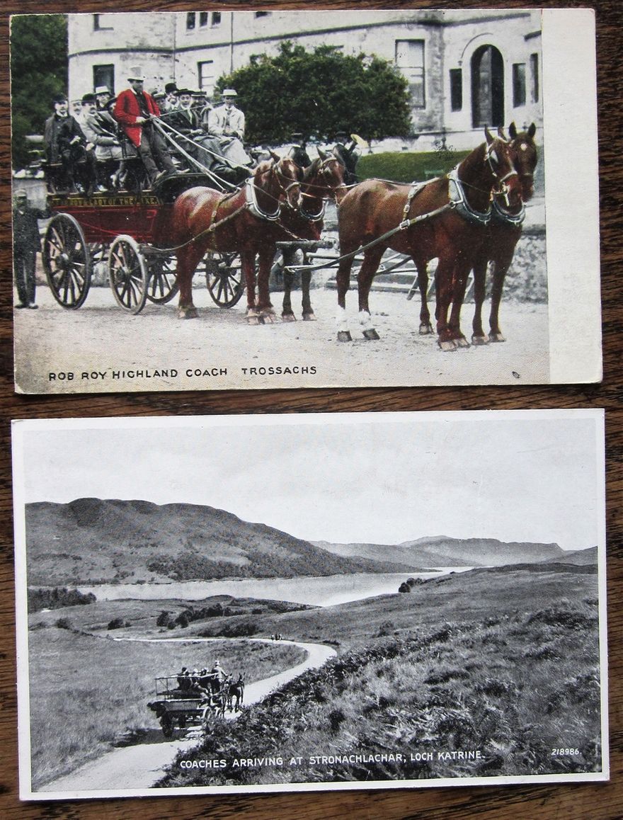 Two postcards showing travel by coach to Loch Katrine, the lower one dated 1932.