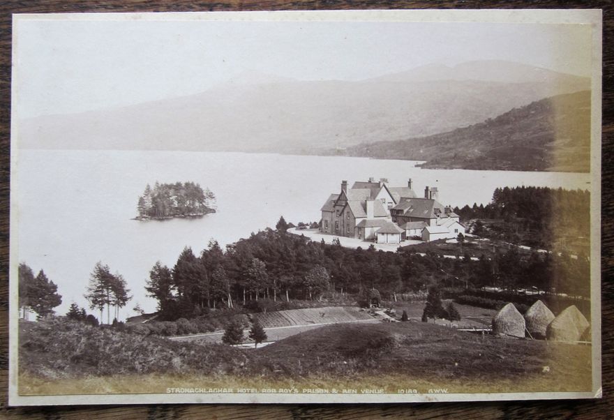 This was one of the hotels used by the visitors, Stronachlachar, with Rob Roy's prison & Ben Venue. A photo by G.W. Wilson. Note the lovely hay ricks on the right.
