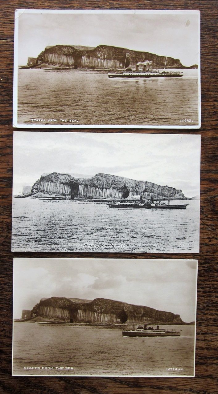 Three postacrds by James Valentine registered in 1889, using the same image of the island but with different sreamers approaching.
