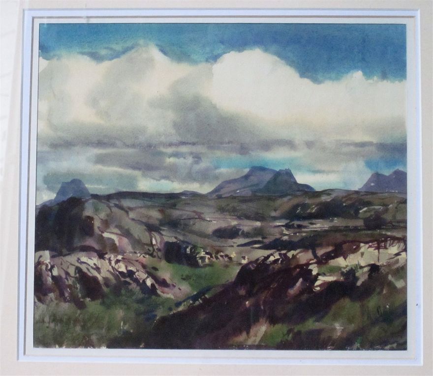 The mountains of Assynt, a painting by Clifford Thompson (1926 - 2017). From left to right Suilven, Cul Mor and Cul Beag.