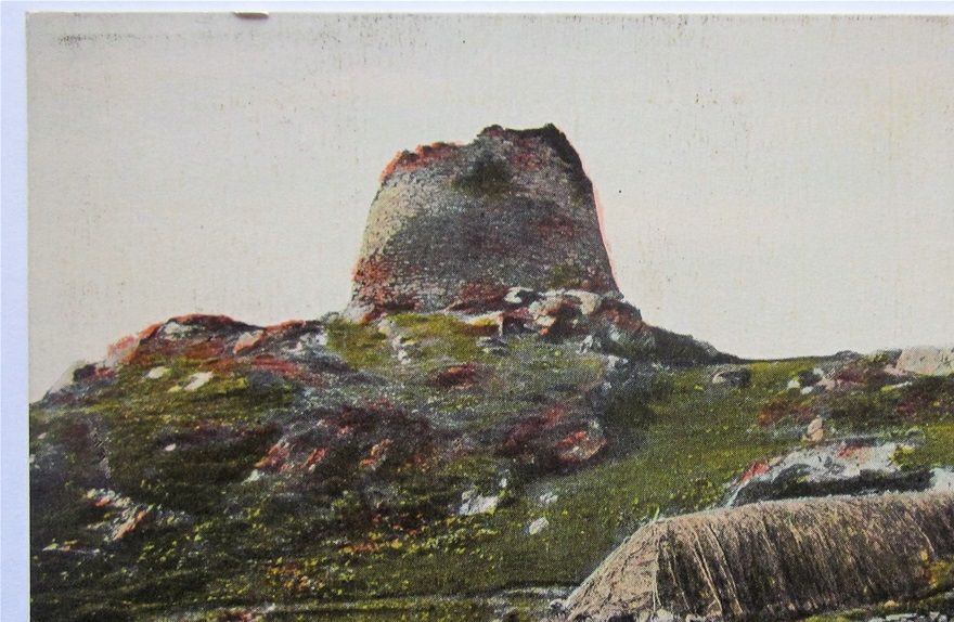 Pictish Tower at Carloway, Isle of Lewis. A postcard by James Valentine, 1878. The building in the foreground is a fine example of the Hebridean type. One can see how, as Sinclair states, goats and sheep might be found grazing on the platform of grass below the roof.