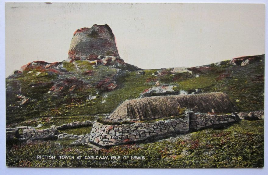 Pictish Tower at Carloway, Isle of Lewis. A postcard by James Valentine, 1878. The building in the foreground is a fine example of the Hebridean type. One can see how, as Sinclair states, goats and sheep might be found grazing on the platform of grass below the roof.