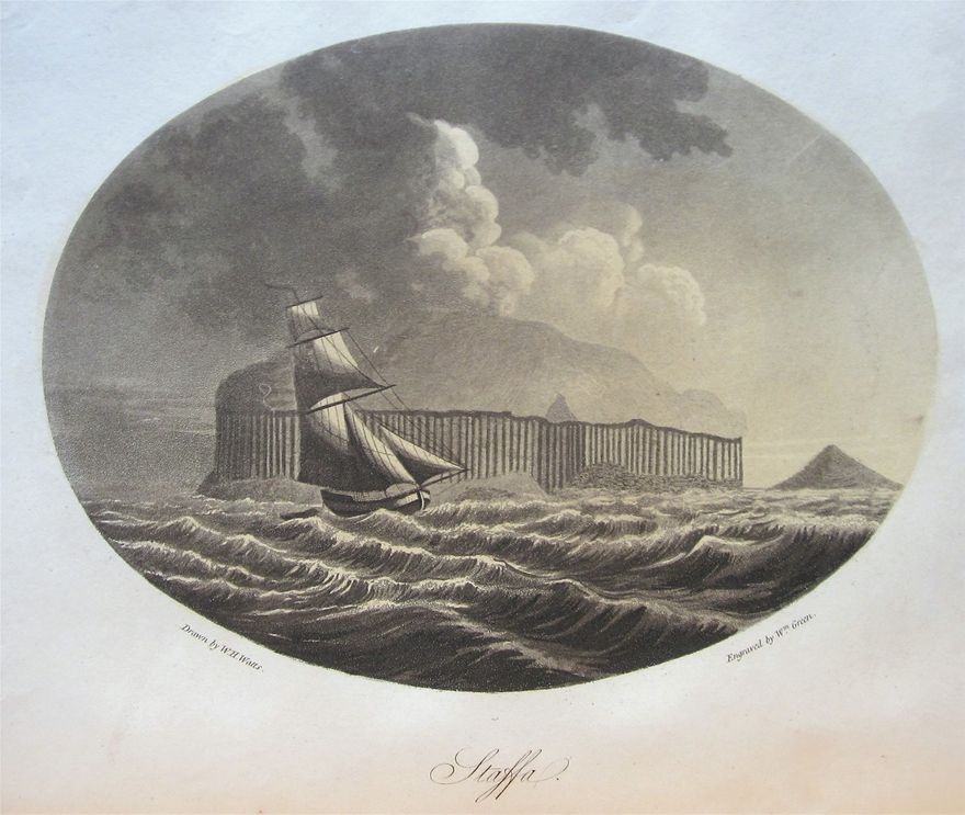Staffa, an engraving after W.H. Watts, from Thomas Garnett's 'Observations on a Tour through the Highlands...' published in 1800.