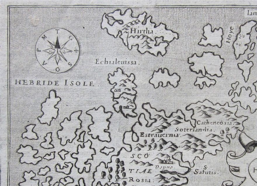 A map engraved by Girolamo Porro for Porcacchi's L'Isole Piu Famose del Mondo, 1572. The islands are stewn about most carelessly, with Hirta (part of the St Kilda group) marked to the north.