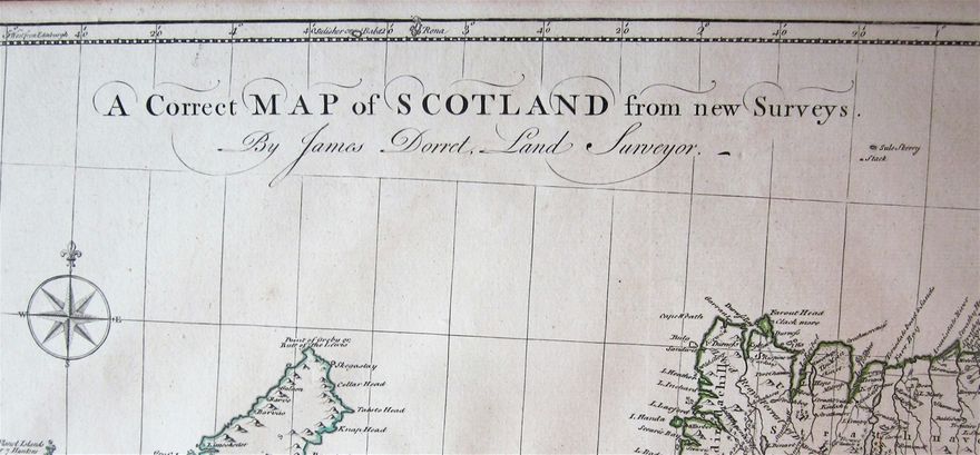 A detail from Dorret's map of Scotland first issued in 1750, this a reduced copy published in 1751. Rona and Sulisker are squeezed into the upper border. Dorret's 'New Survey' is recognised as being an important contribution to Scottish cartography.