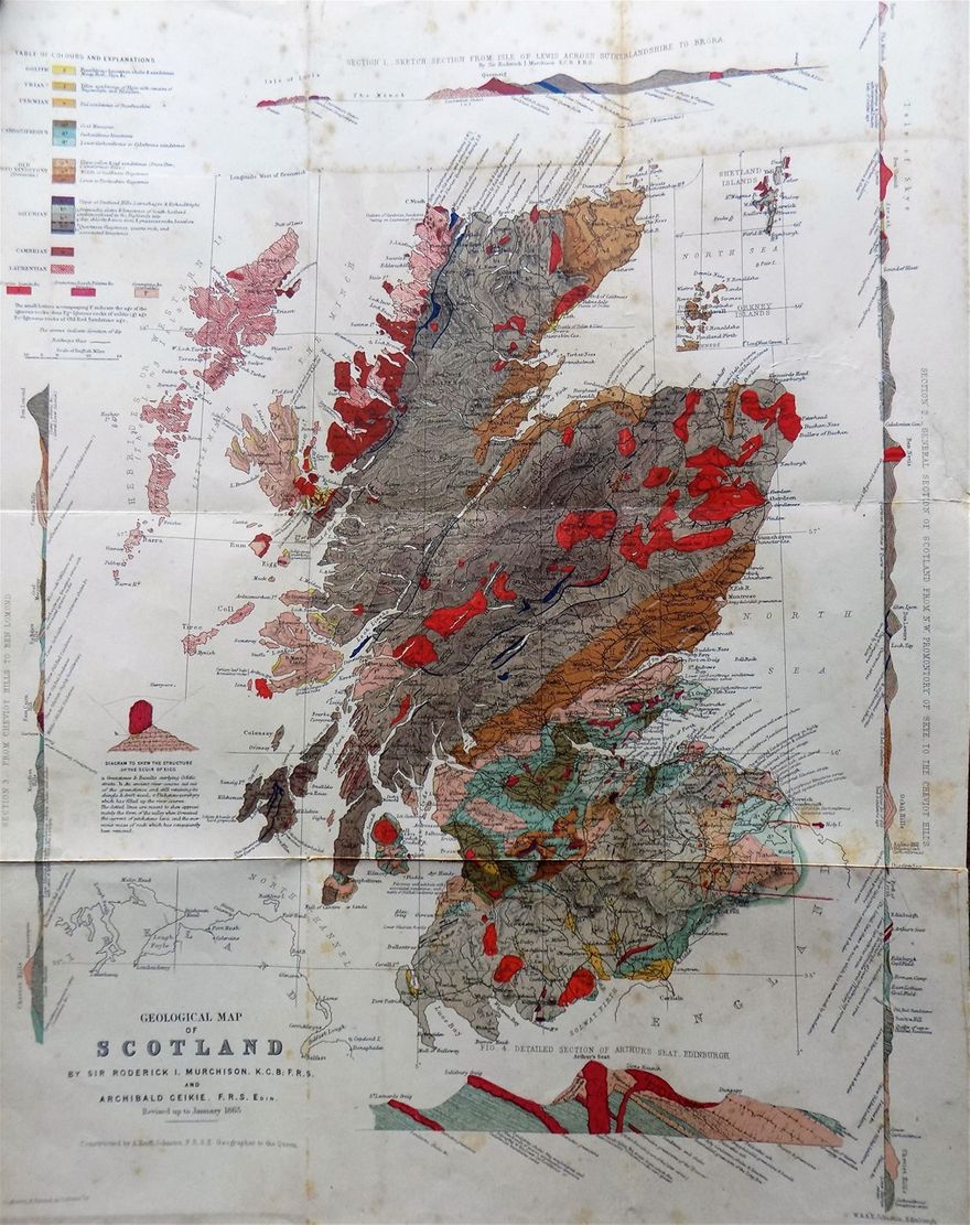 Geological Map of Scotland by Murchison and Geikie, first published in 1861 (this example from Geikie's 'Scenery and Geology of Scotland, 1865').