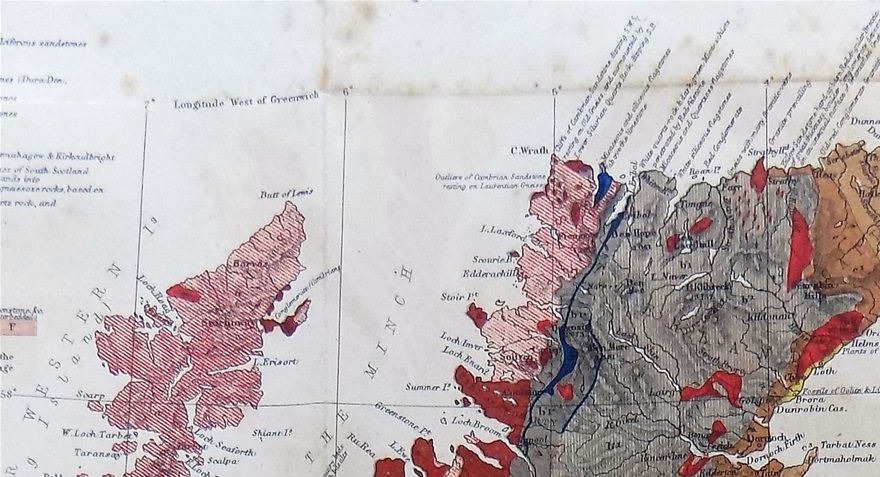 Detail from The Murchison/Geikie map, 1865, showing stripey gneiss on the west caost, and dull brown gneiss for much of the central rocks.ks