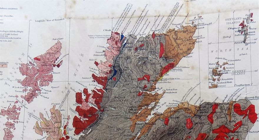 Detail from The Murchison/Geikie map, 1865, showing stripey gneiss on the west caost, and dull brown gneiss for much of the central rocks.ks