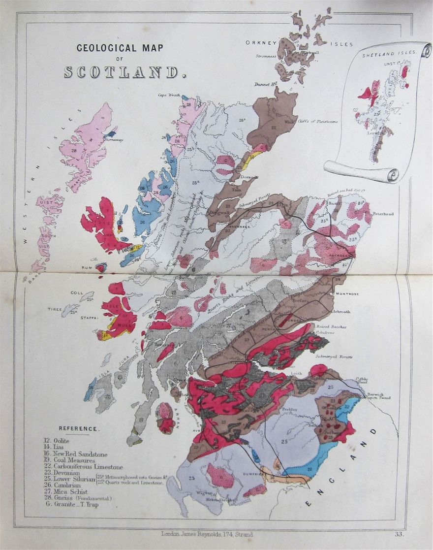 Geological map of Scotland, from Reynols's Geological Atlas of Great Britain, c1860.