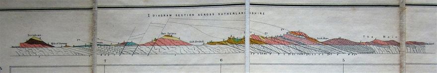 Section from Geilie's 1910 Geological Map of Scotland, showing the thrust faulting and layout of the rocks of Sutherland.