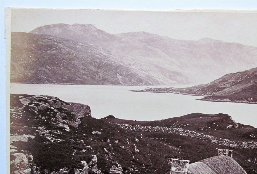 A superb late 19th century photograph by George Washington Wilson. I believe it is looking across Loch Glencoul, with the geological strata of the Glencoul Thrust visible going from the middle to the left of the far distant shore. The Moine Thrust runs along the top of the right hand end of the distant hills.
