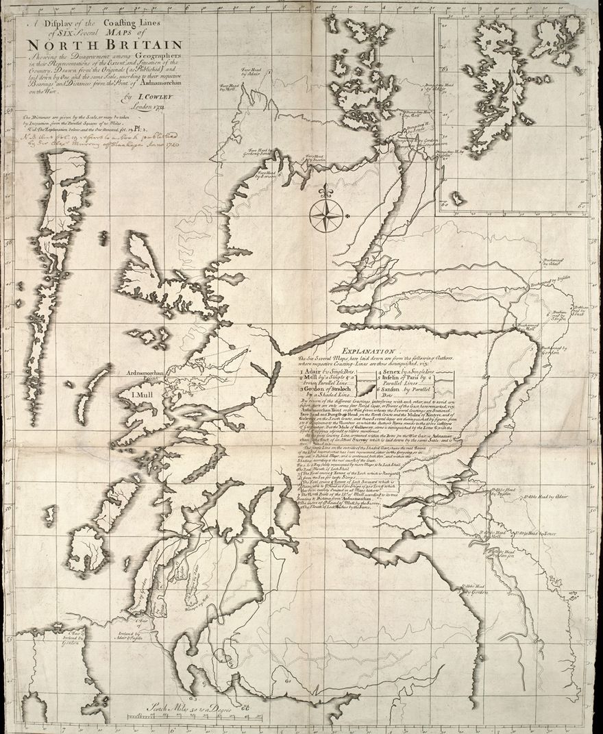 John Cowley's map published in 1734, showing that there was no agreement between six prominent cartographers about the shape of the coastline of Scotland. Image courtesy of the National Library of Scotland.