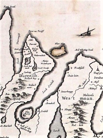 Loch Eriboll, a detail from Joan Blaeu's map of Strathnaver first published in 1654. He has marked 