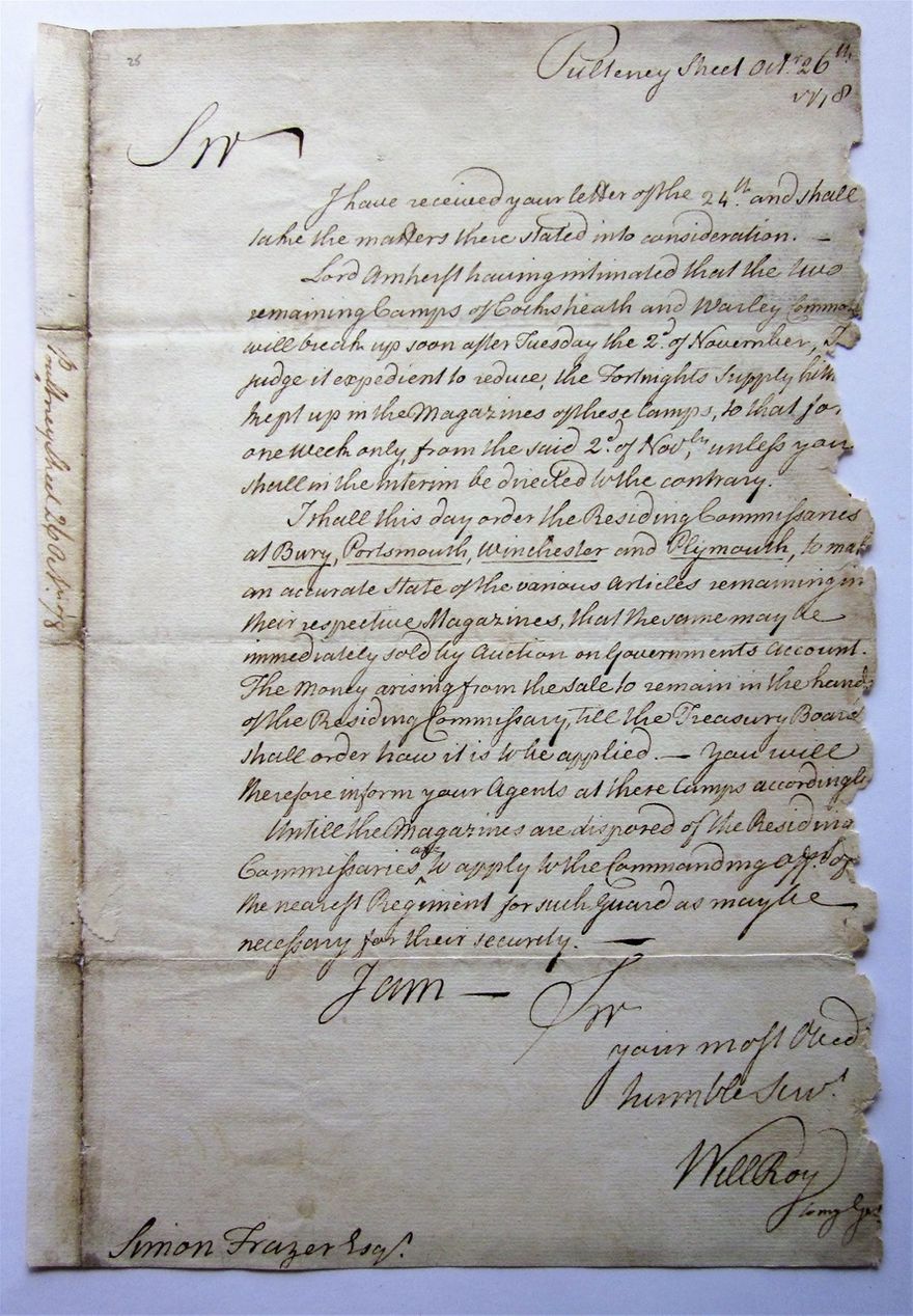 The reply to Frazer's communication from Roy, dated 26th October, 1778.