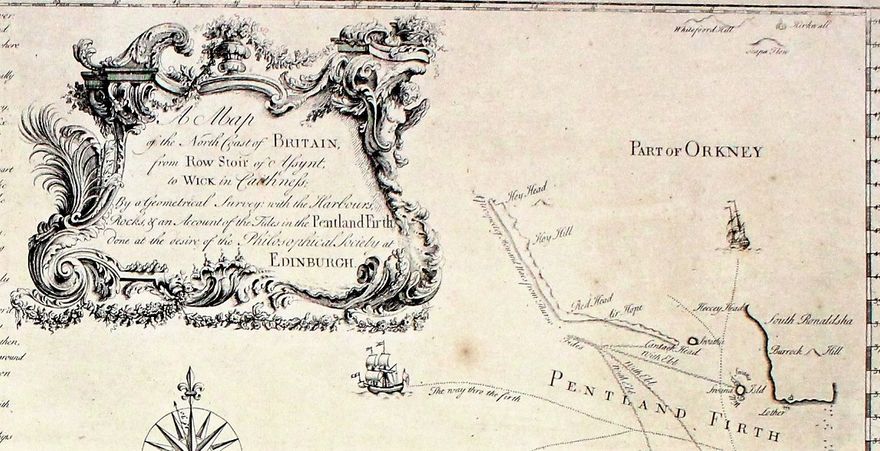 Detail from Bryce's 1744 map, showing the title cartouche, and some of the tides in the Pentland Firth.