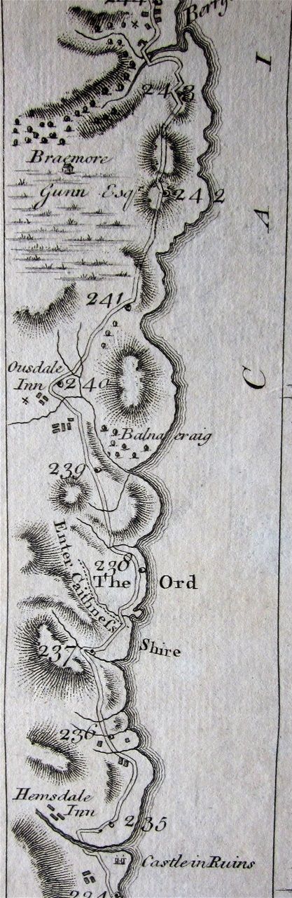The stretch of road northwards from Helmsdale Inn, which includes Ord Hill. From Taylor & Skinner's Atlas.
