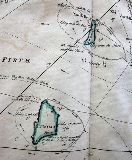 Stroma and Swona are islands that lie within the Pentland Firth. This detail shows the recommended path that ships should follow, avoiding the whirlpools and eddies that swirl around the islands.