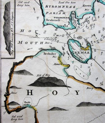 The entrance to Hoy Sound, with Stromness at the top. The hills marked were obviously an aid to navigation, and other details on the land, such as 'Lead Ore here' are of interest. The map is said not to show the Old Man of Hoy, but I wonder what the cylinder symbol seen at Stour is meant to signify.