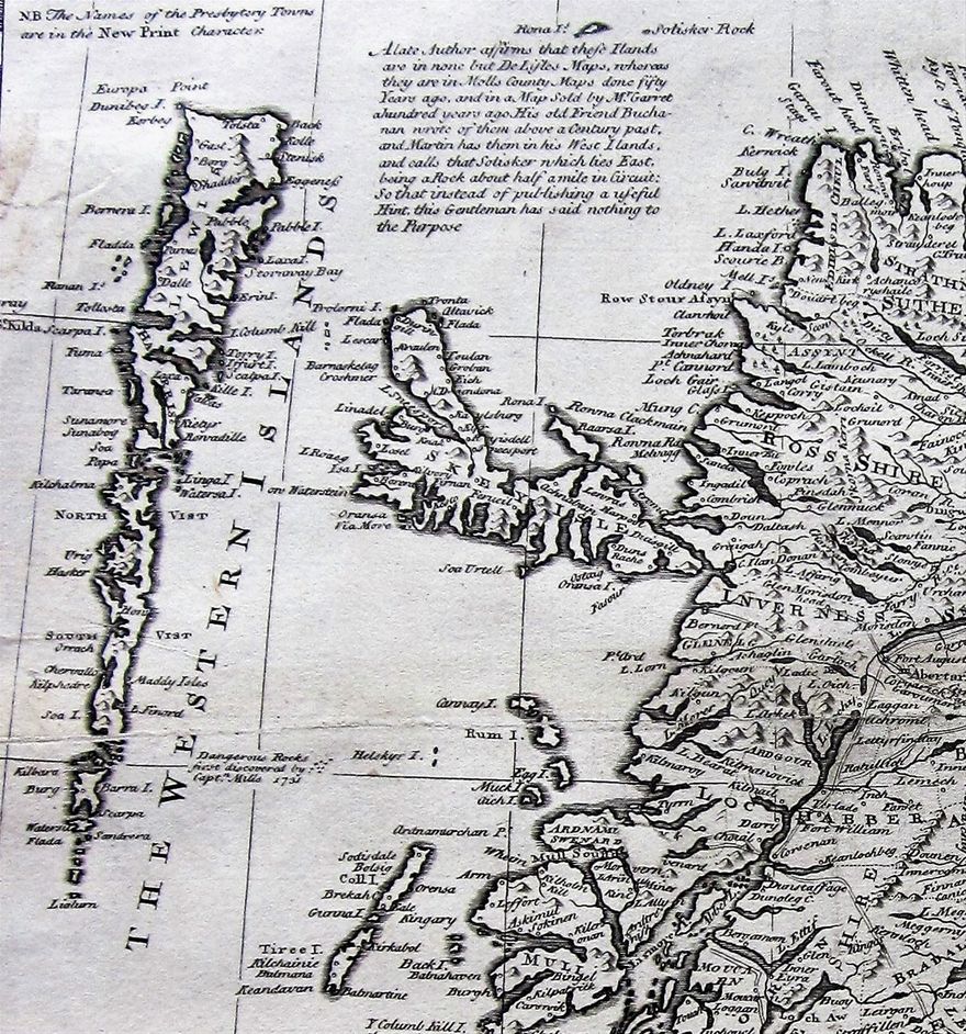 Detail of a map published by Emanuel Bowen c.1747. He has incorporated Bryce's findings from his map of 1744, but Lewis is still depicted with a flat top.