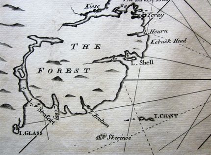 Detail from Mackenzie's map of the North Part of Long-Island (Lewis), showing the rock Skerinoe in the wrong position.