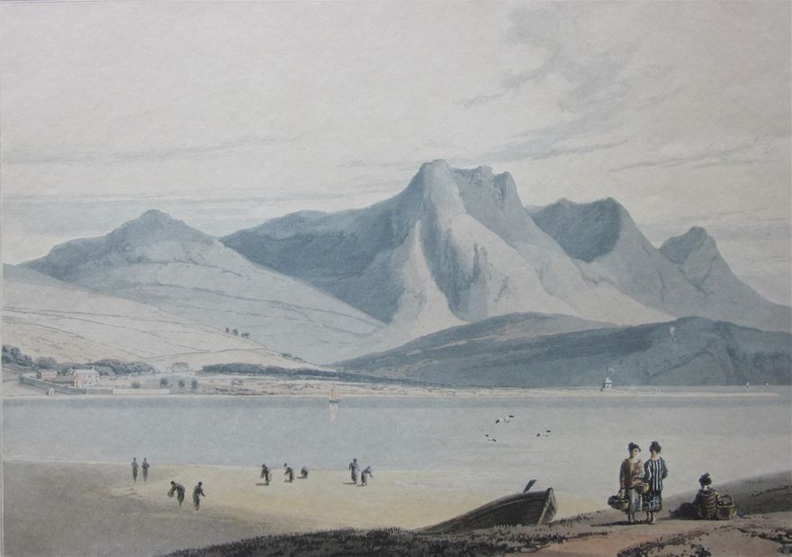 William Daniell's aquatint of The Kyle of Tongue, c1820. Tongue House is visible on the left, and the little lodge lies beneath Ben Loyal towards the right. People are gathering shellfish on the shore, and the flag at the lodge is flying.