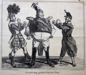 The four fists give protection against Emperor Nicolas (of Russia). A cartoon by Cham, published in the Charivari in 1850, marking the build-up to the Crimean War.