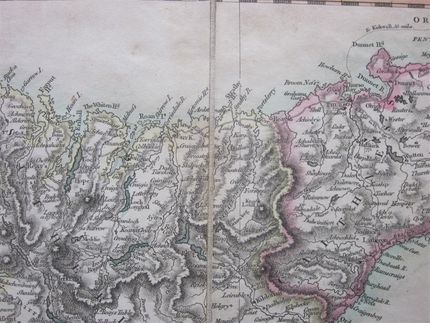 Detail fromWilliam  Faden's 1814 map of Scotland. At least Arrowsmith's road ends at Tongue. Faden continues the road across the very boggy Moine: that road was not made until 1830.