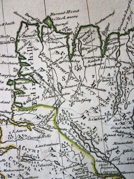 Detail from Dorret's map of 1750. Dun Dornadilla is marked, and Loch 'Cuilsat', but there is no sign of Loch Meadie, which lies between Loch Shin and Loch Loyal.