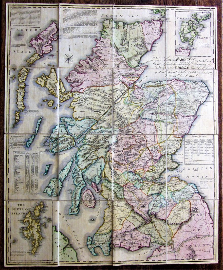 Kirwood's Travelling Map of Scotland, 1804. As well as the Highland/Lowland line, and the Highland Distillery line, the paths of various travellers are marked.