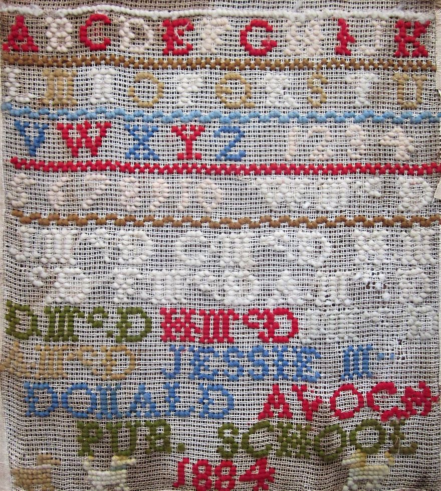 Sampler by Jessie McDonald, daughter of William and Jessie Cowan McDonald, made when she was perhaps 11 years old, at Avoch on the Black Isle in 1884.