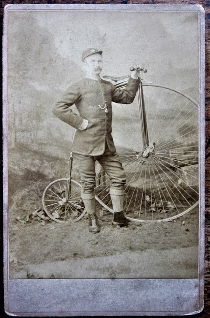 A cabinet card taken by D. Whyte in Inverness. The proud owner of the 'penny-farthing' is perhaps a railway employee, or a postman. I am not sure how practical such a machine would be on the roads of the far north!