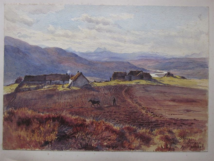 A fine original watercolour titled 'Shean, Sutherland' , signed 'Spero', and dated April 22nd., 1891. The hills of the west (Cul Beag, Cul Mor, Suilven and Canisp) can be seen in the distance, but the terrain here, above the Dornoch Firth, is becoming increasingly less rugged, the further east one goes.