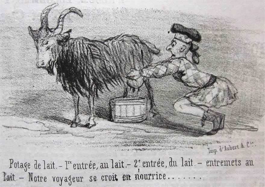 A cartoon by Cham that appeared in the 5th December 1845 edition of the Charivari magazine. One in a series of Monsieur Trottman visits Scotland cartoons. Here he comments on the Highland diet which is dominated by dairy  - milk in fact. A 'nourrice' is a wet nurse.